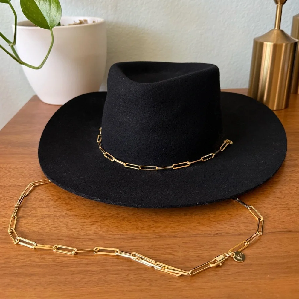 NWT Van Palma Black Wide-Brim Wool Fedora with Gold Chain Accent From France